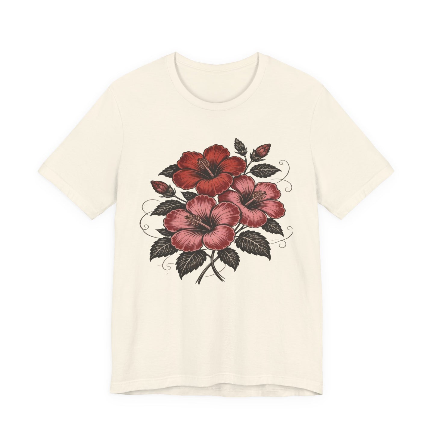 Vintage Red Hibiscus Botanical Tee – Retro Floral Illustration T-Shirt