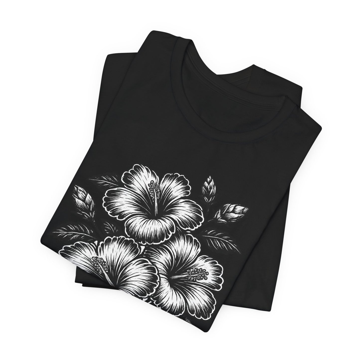 Floral Hibiscus Tee – Vintage Black and White Botanical Graphic T-Shirt