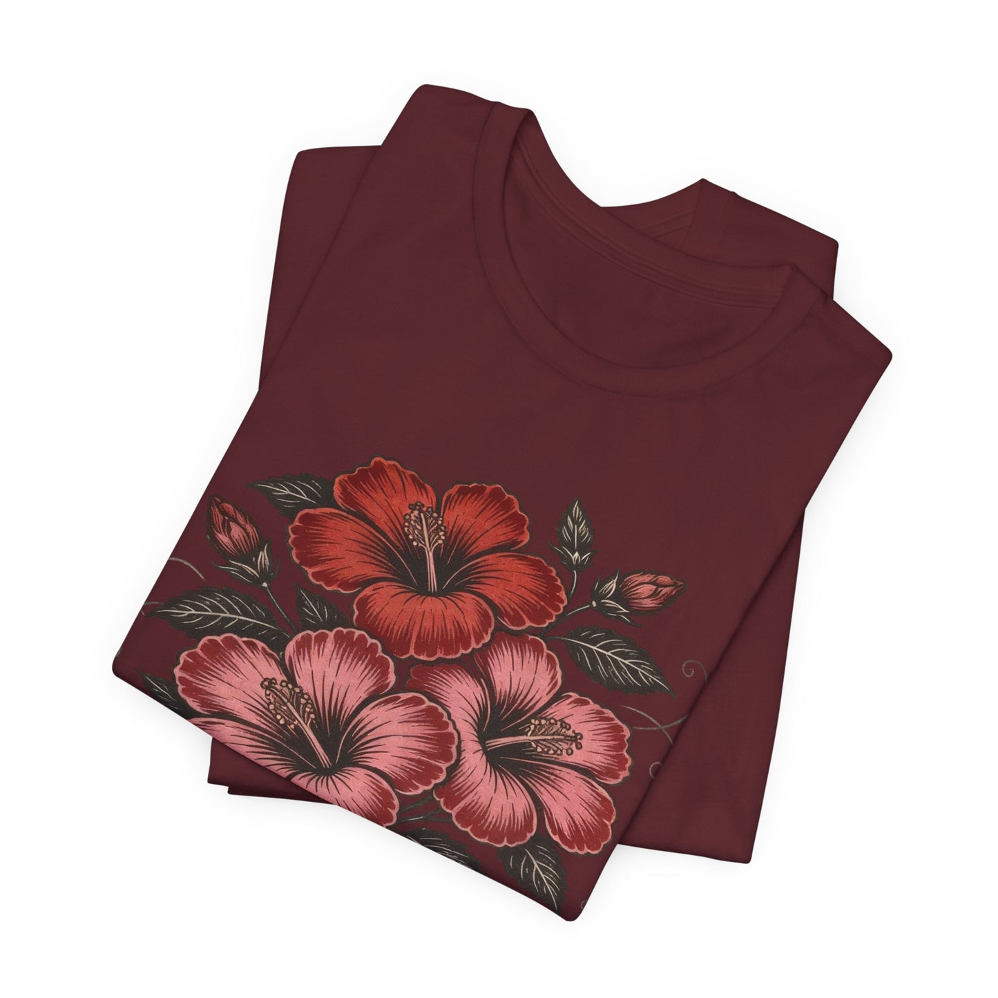 Vintage Red Hibiscus Botanical Tee – Retro Floral Illustration T-Shirt
