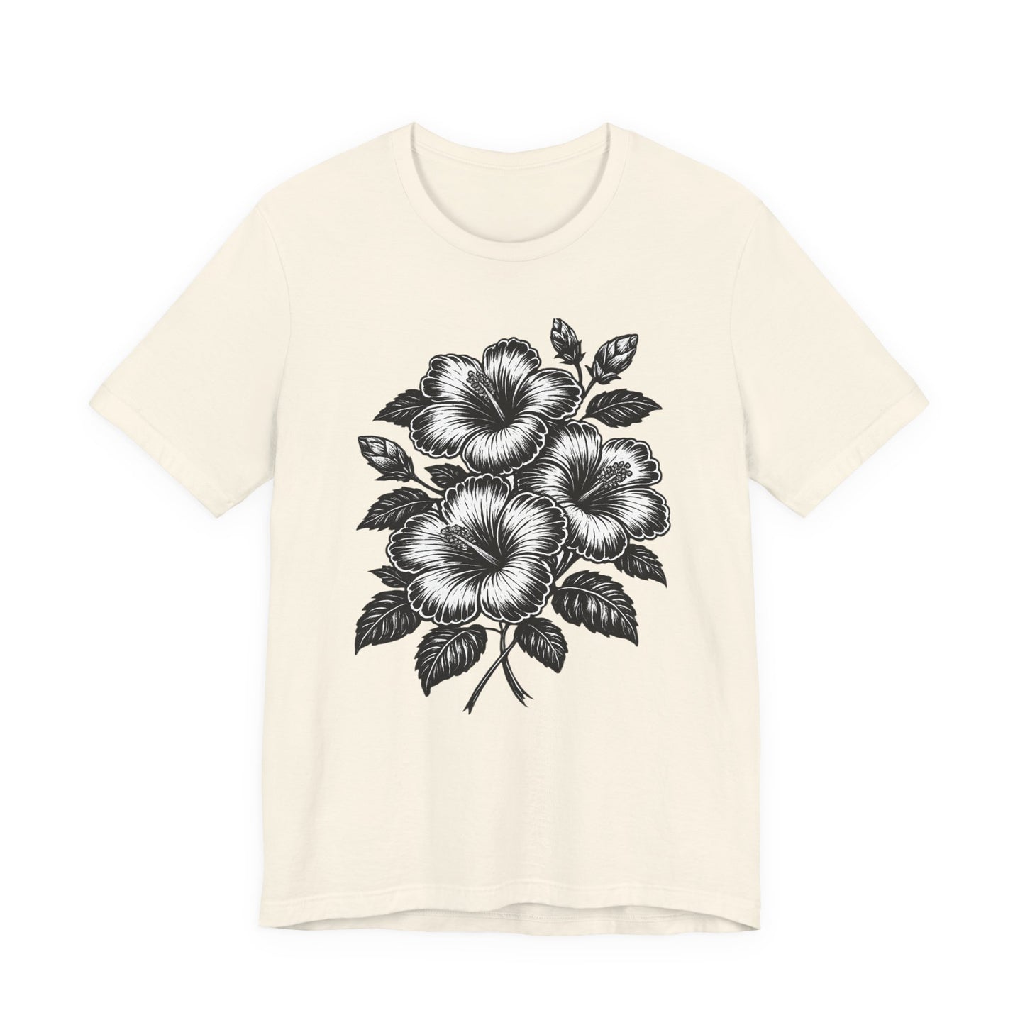 Floral Hibiscus Tee – Vintage Black and White Botanical Graphic T-Shirt