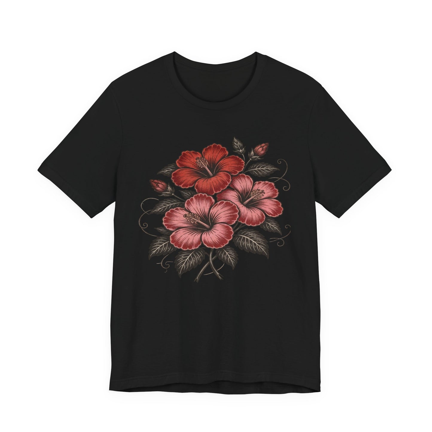 Vintage Red Hibiscus Botanical Tee – Retro Floral Illustration T-Shirt