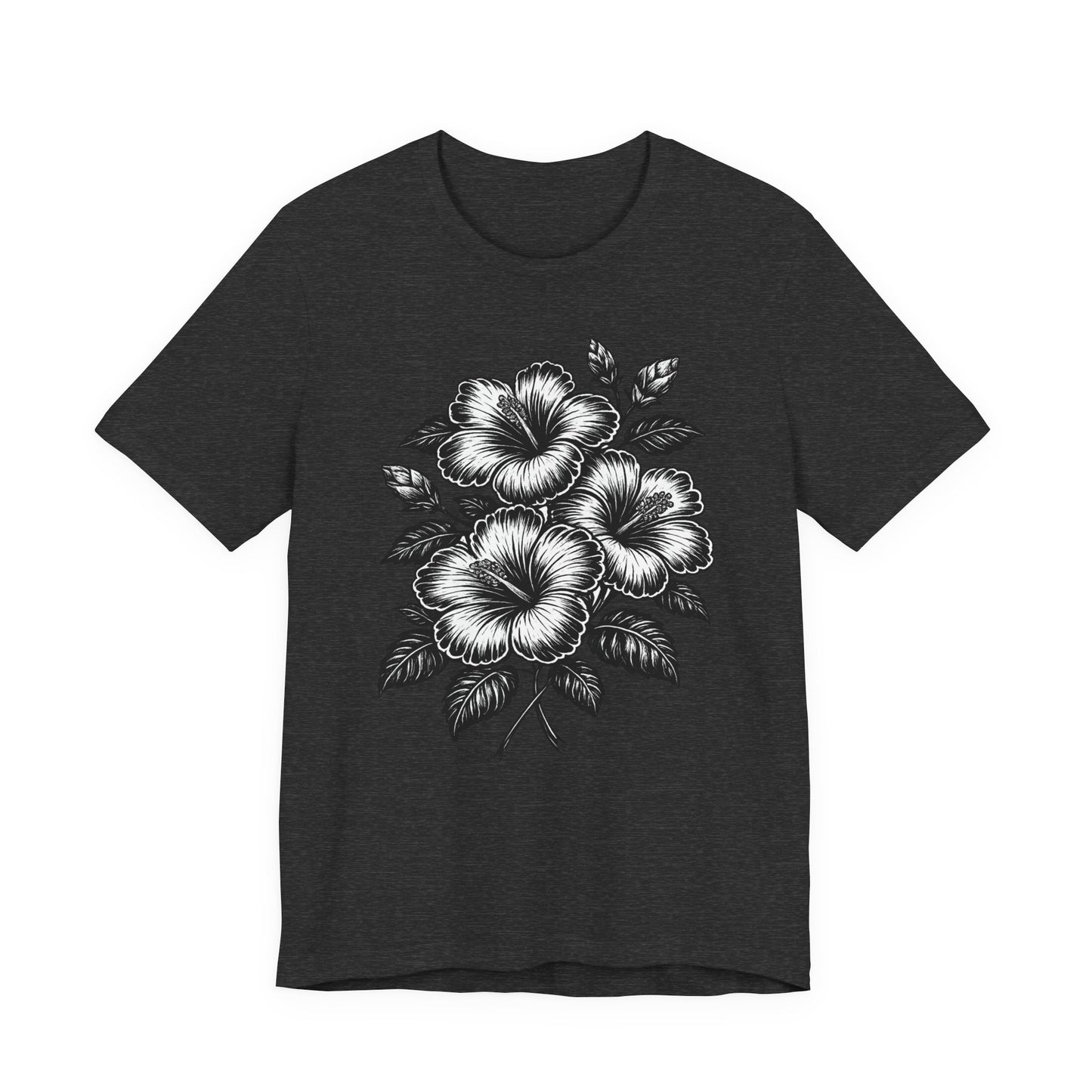 Floral Hibiscus Tee – Vintage Black and White Botanical Graphic T-Shirt