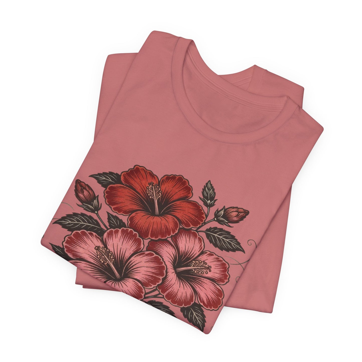 Vintage Red Hibiscus Botanical Tee – Retro Floral Illustration T-Shirt