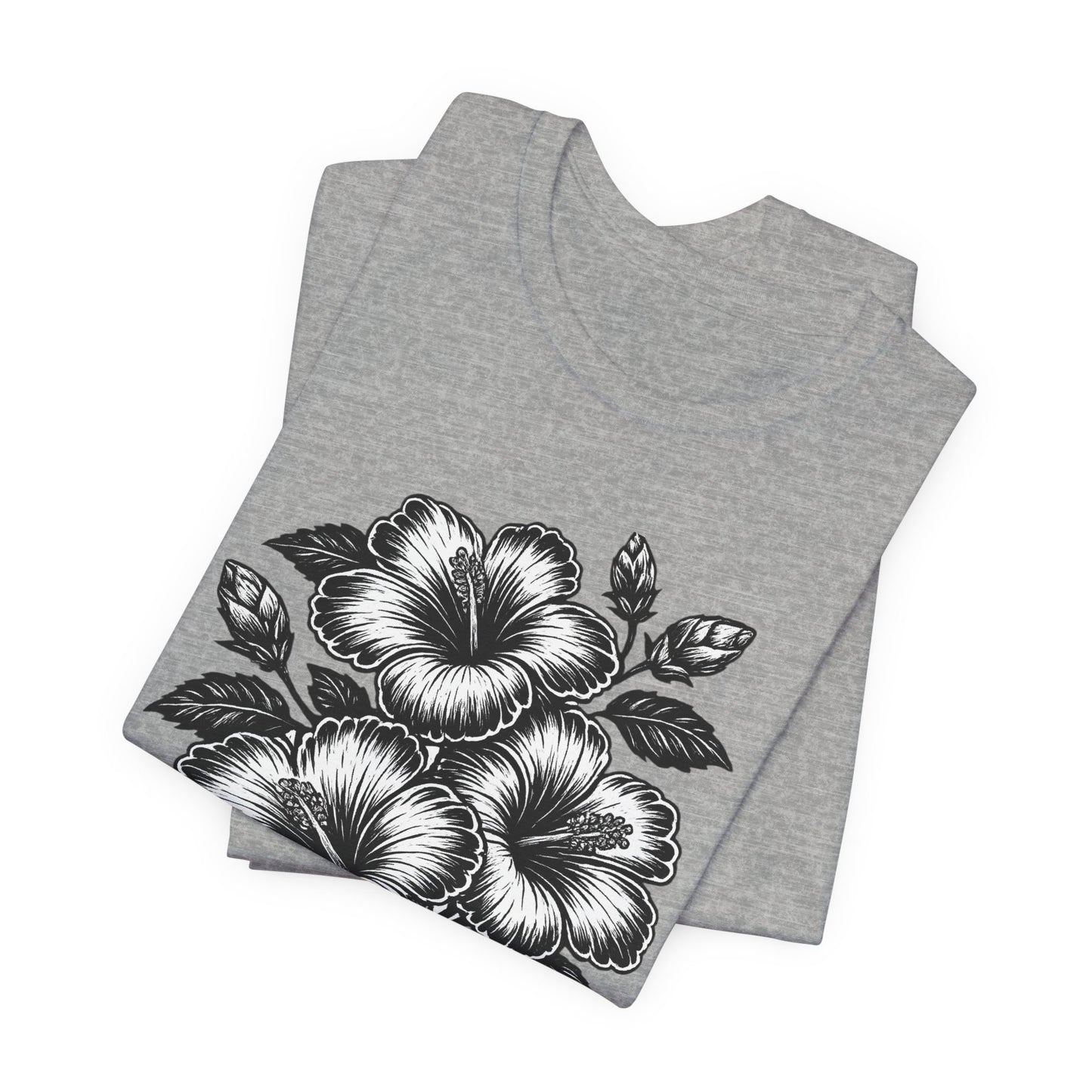 Floral Hibiscus Tee – Vintage Black and White Botanical Graphic T-Shirt