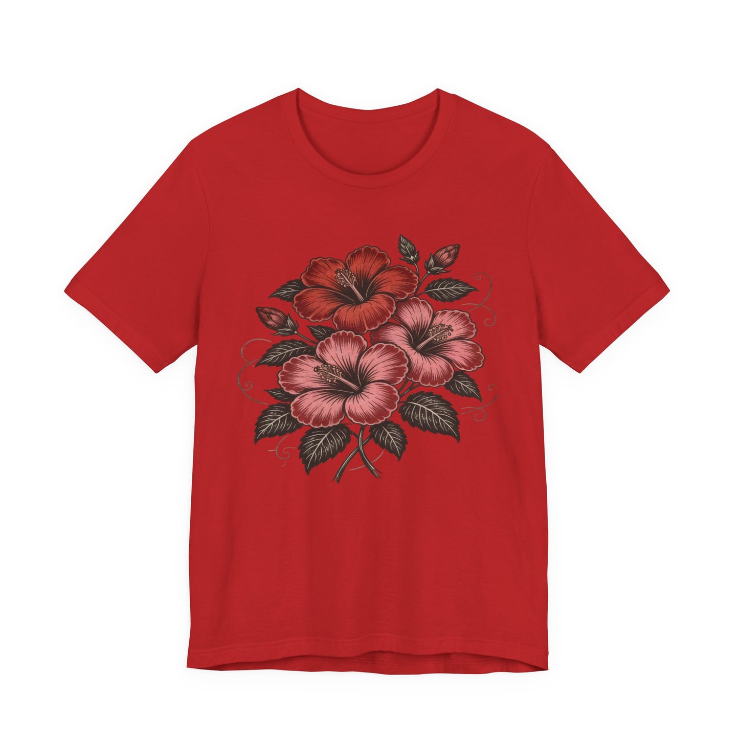 Vintage Red Hibiscus Botanical Tee – Retro Floral Illustration T-Shirt