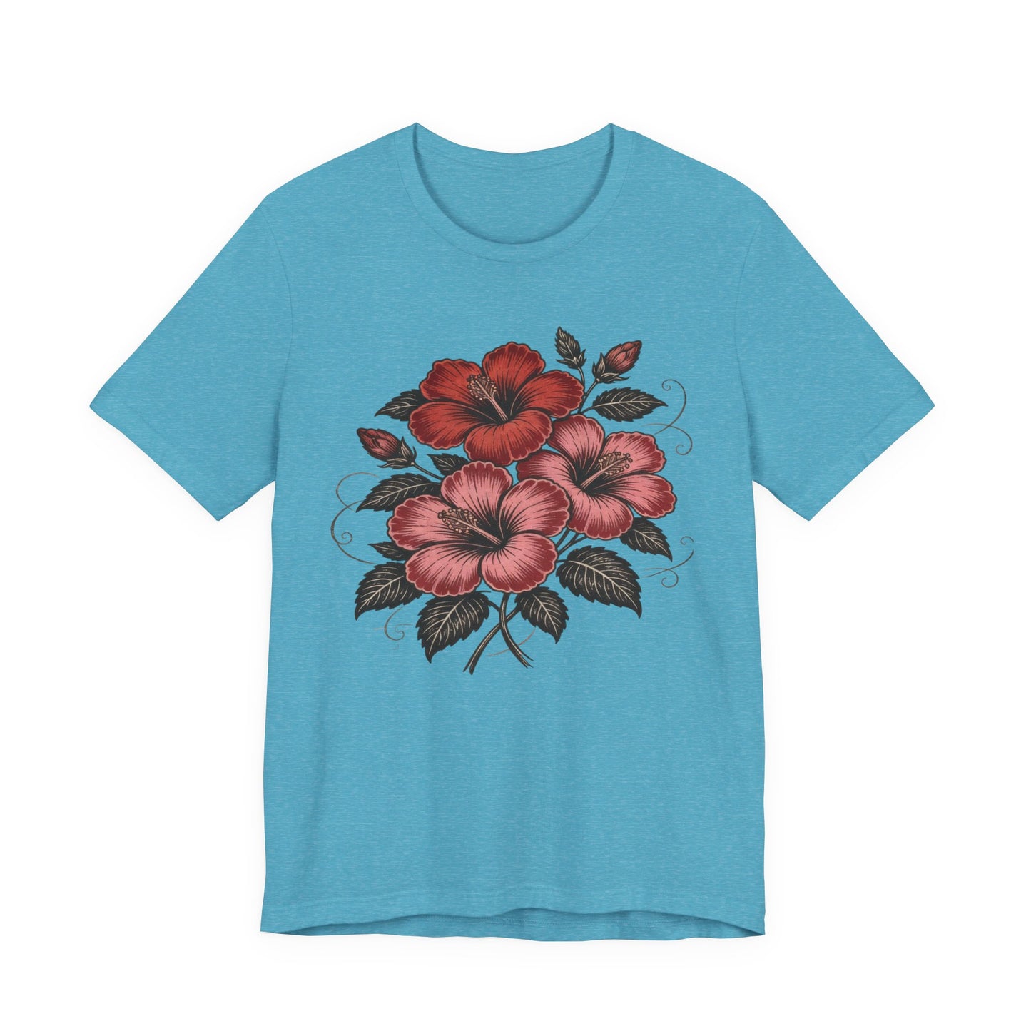 Vintage Red Hibiscus Botanical Tee – Retro Floral Illustration T-Shirt