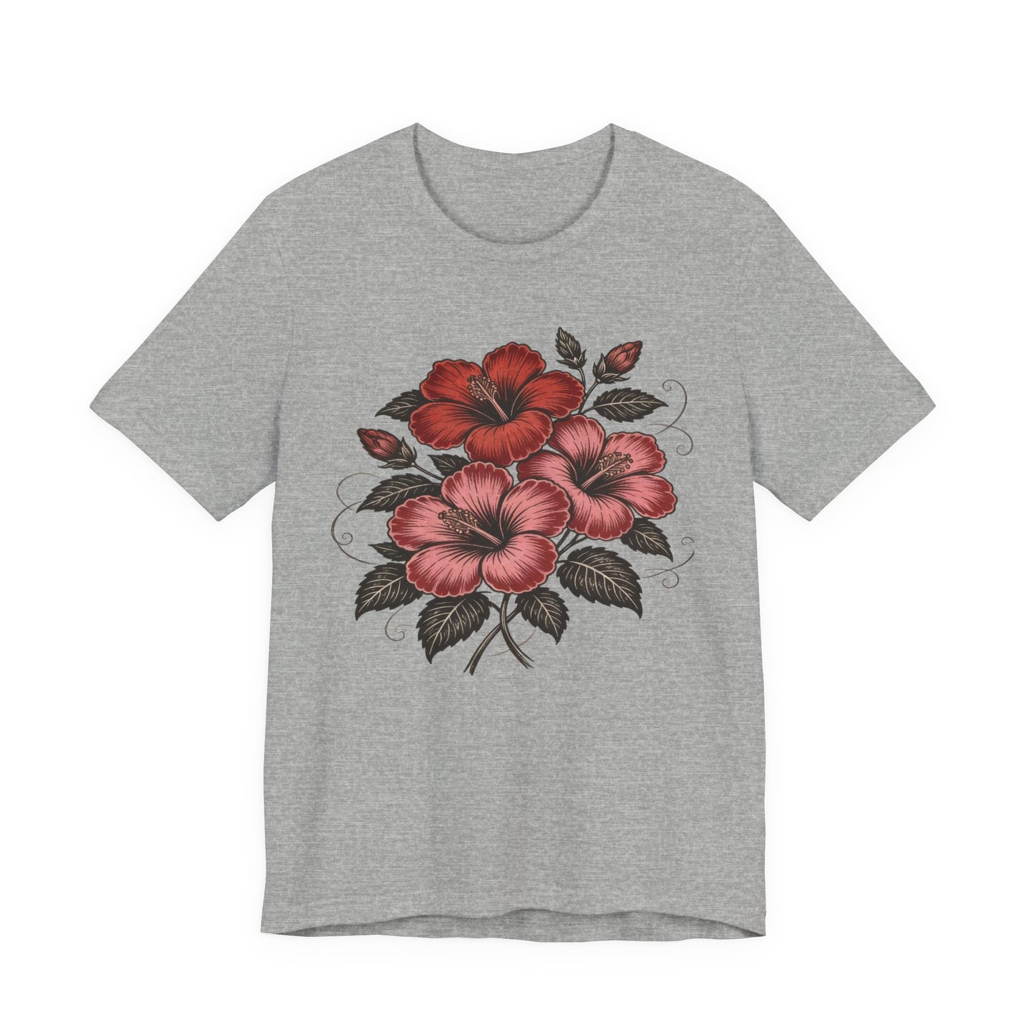 Vintage Red Hibiscus Botanical Tee – Retro Floral Illustration T-Shirt