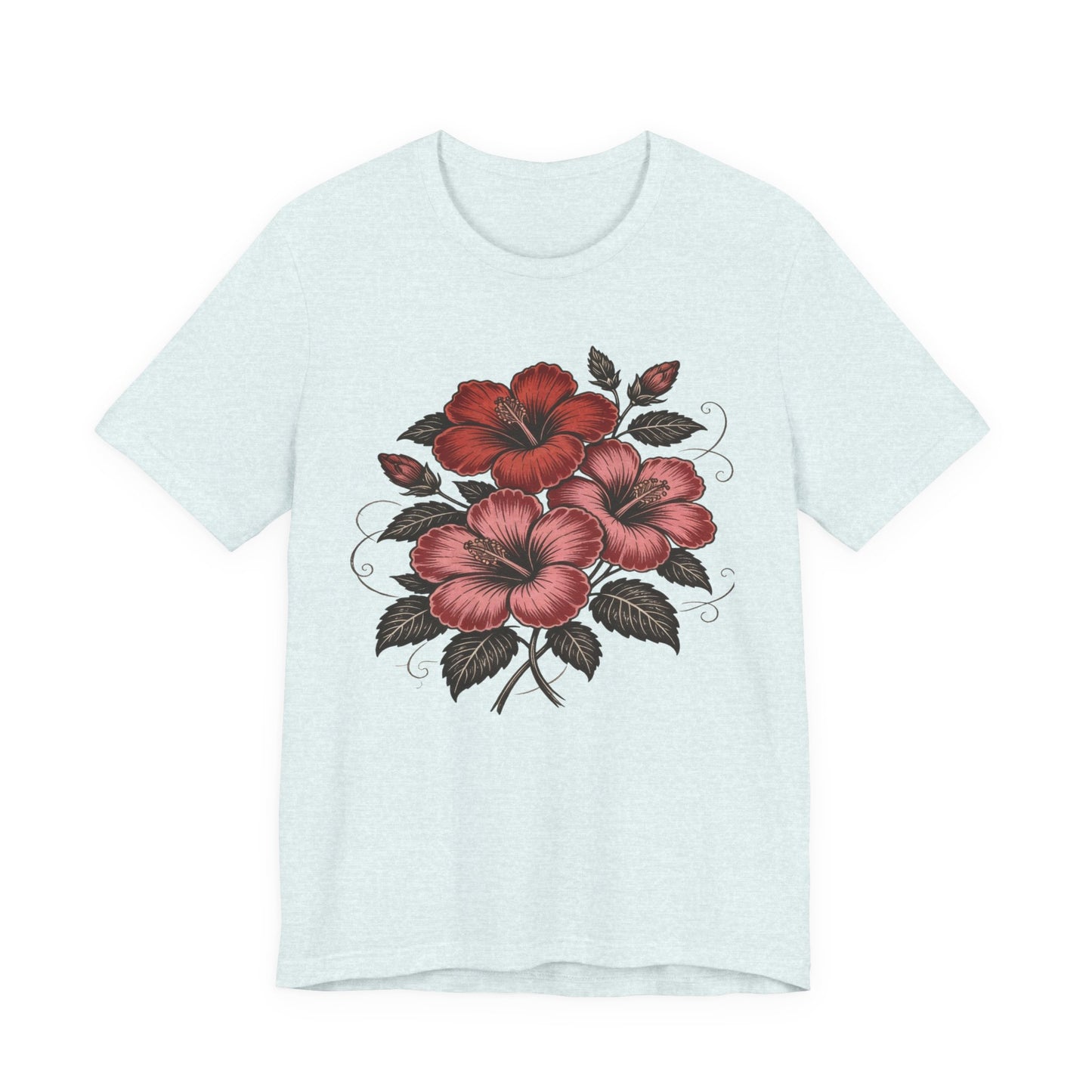 Vintage Red Hibiscus Botanical Tee – Retro Floral Illustration T-Shirt