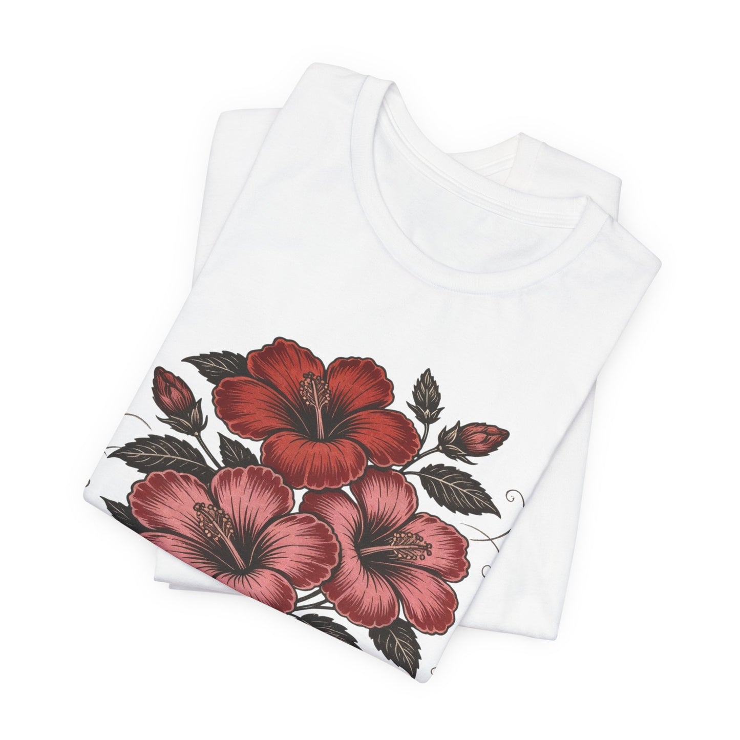 Vintage Red Hibiscus Botanical Tee – Retro Floral Illustration T-Shirt