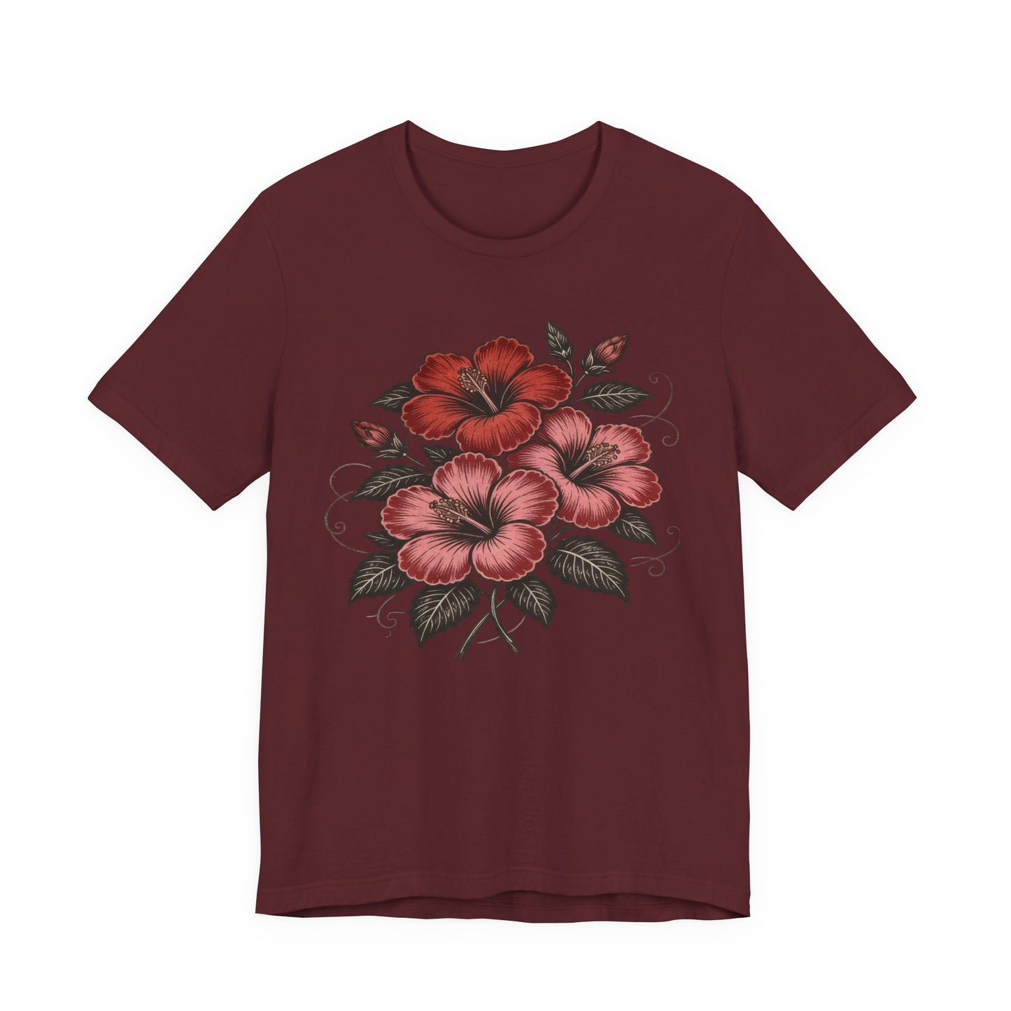 Vintage Red Hibiscus Botanical Tee – Retro Floral Illustration T-Shirt