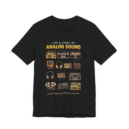 Analog Sound T-Shirt — "Life & Times of Analog Sound" Vintage Cassette & Boombox T-Shirt