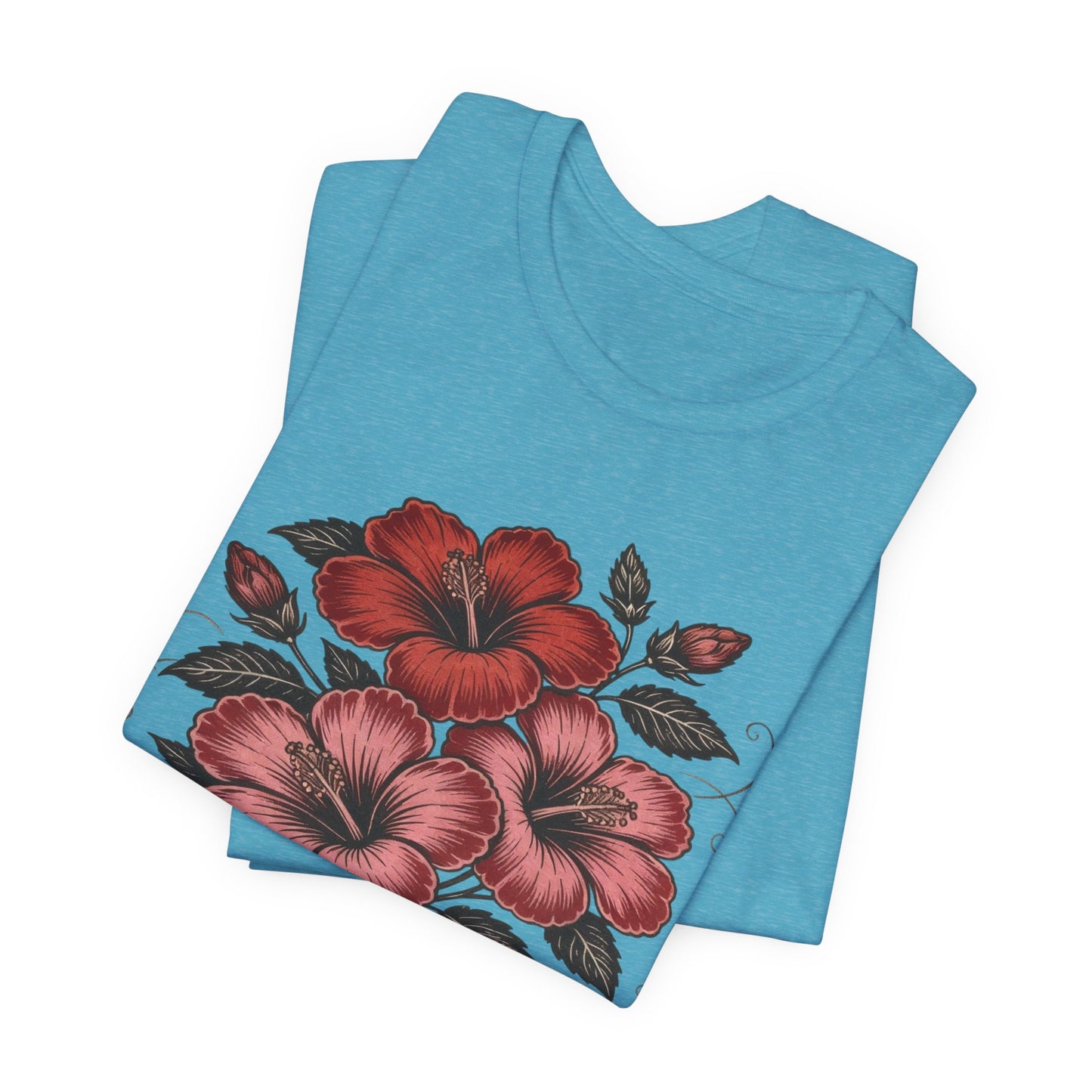 Vintage Red Hibiscus Botanical Tee – Retro Floral Illustration T-Shirt