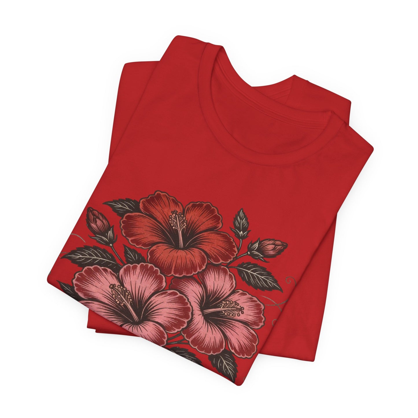 Vintage Red Hibiscus Botanical Tee – Retro Floral Illustration T-Shirt