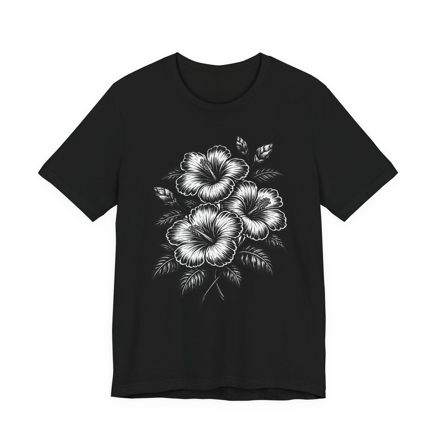 Floral Hibiscus Tee – Vintage Black and White Botanical Graphic T-Shirt