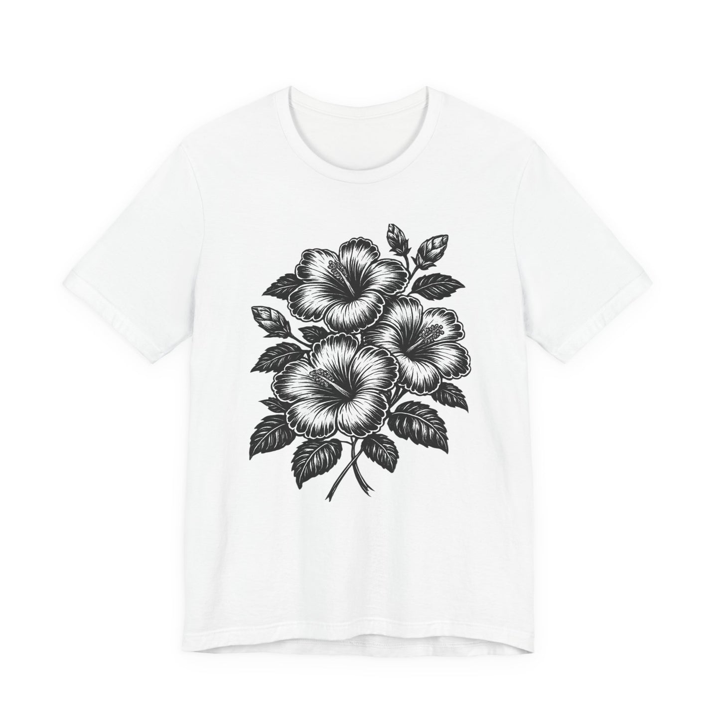 Floral Hibiscus Tee – Vintage Black and White Botanical Graphic T-Shirt