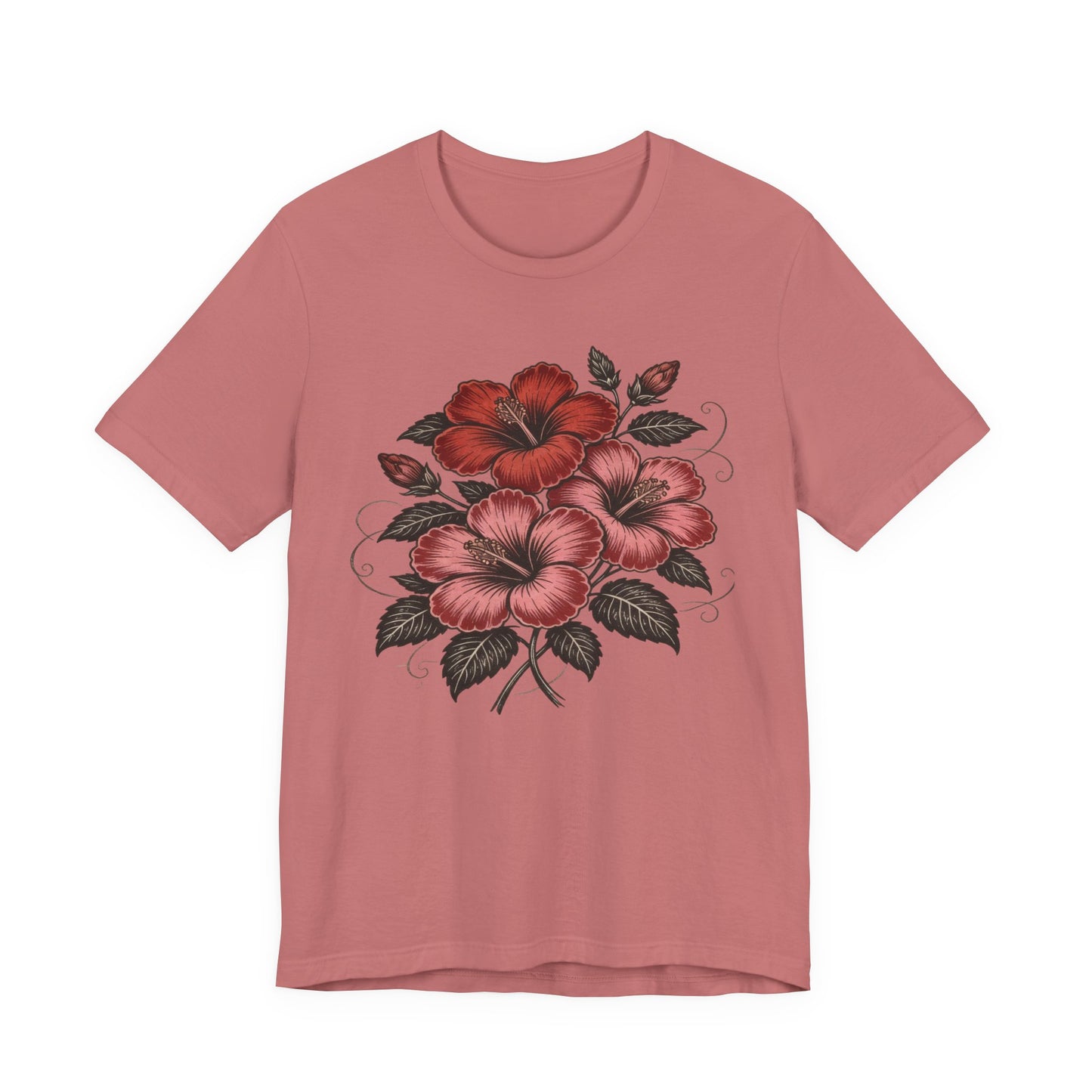 Vintage Red Hibiscus Botanical Tee – Retro Floral Illustration T-Shirt