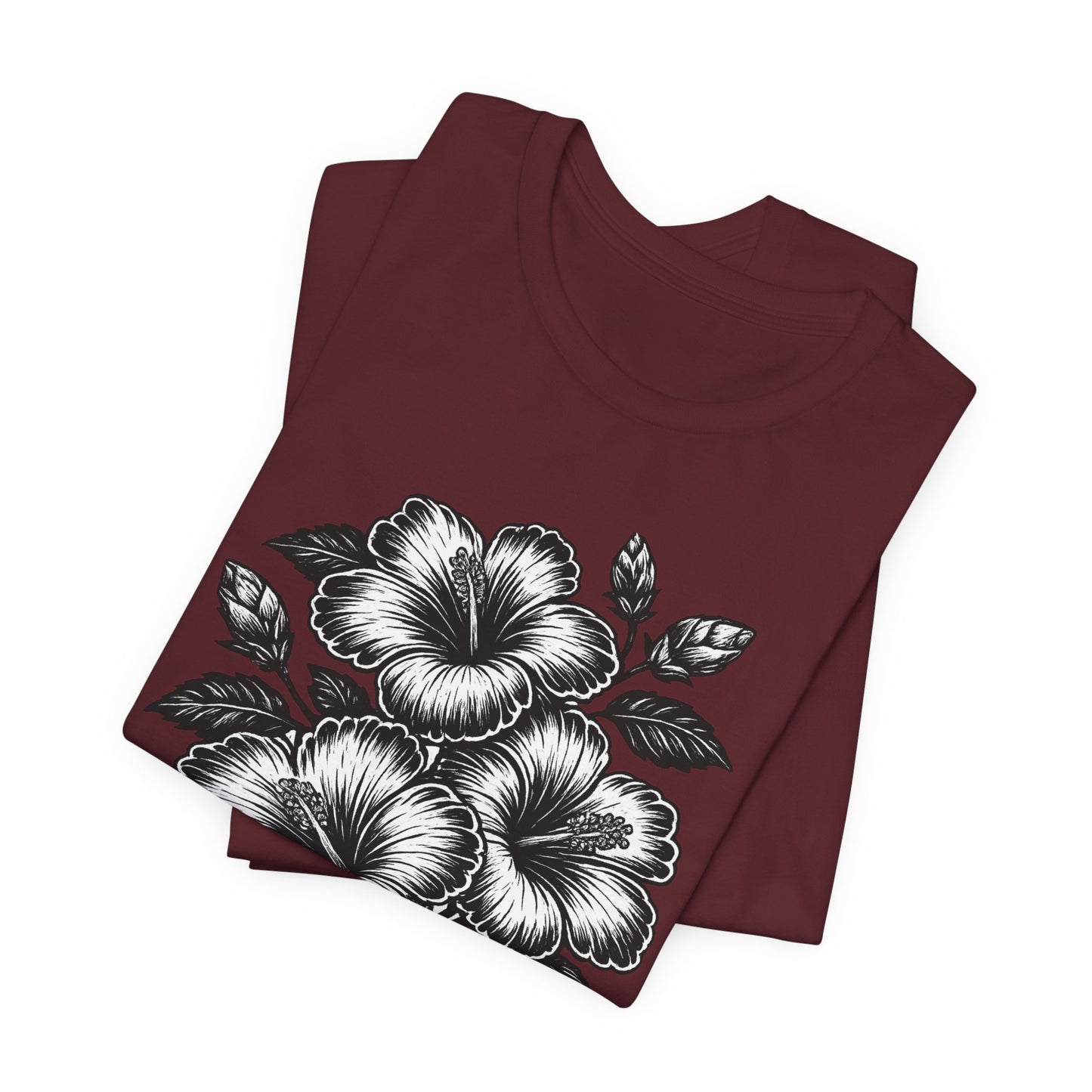 Floral Hibiscus Tee – Vintage Black and White Botanical Graphic T-Shirt