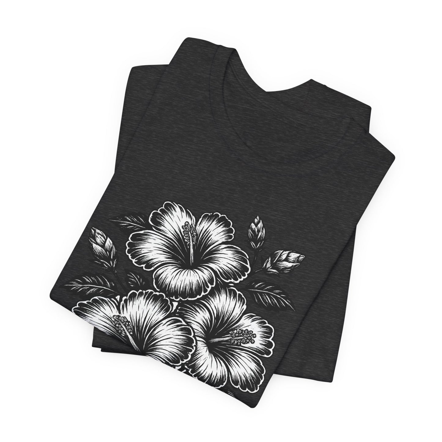 Floral Hibiscus Tee – Vintage Black and White Botanical Graphic T-Shirt