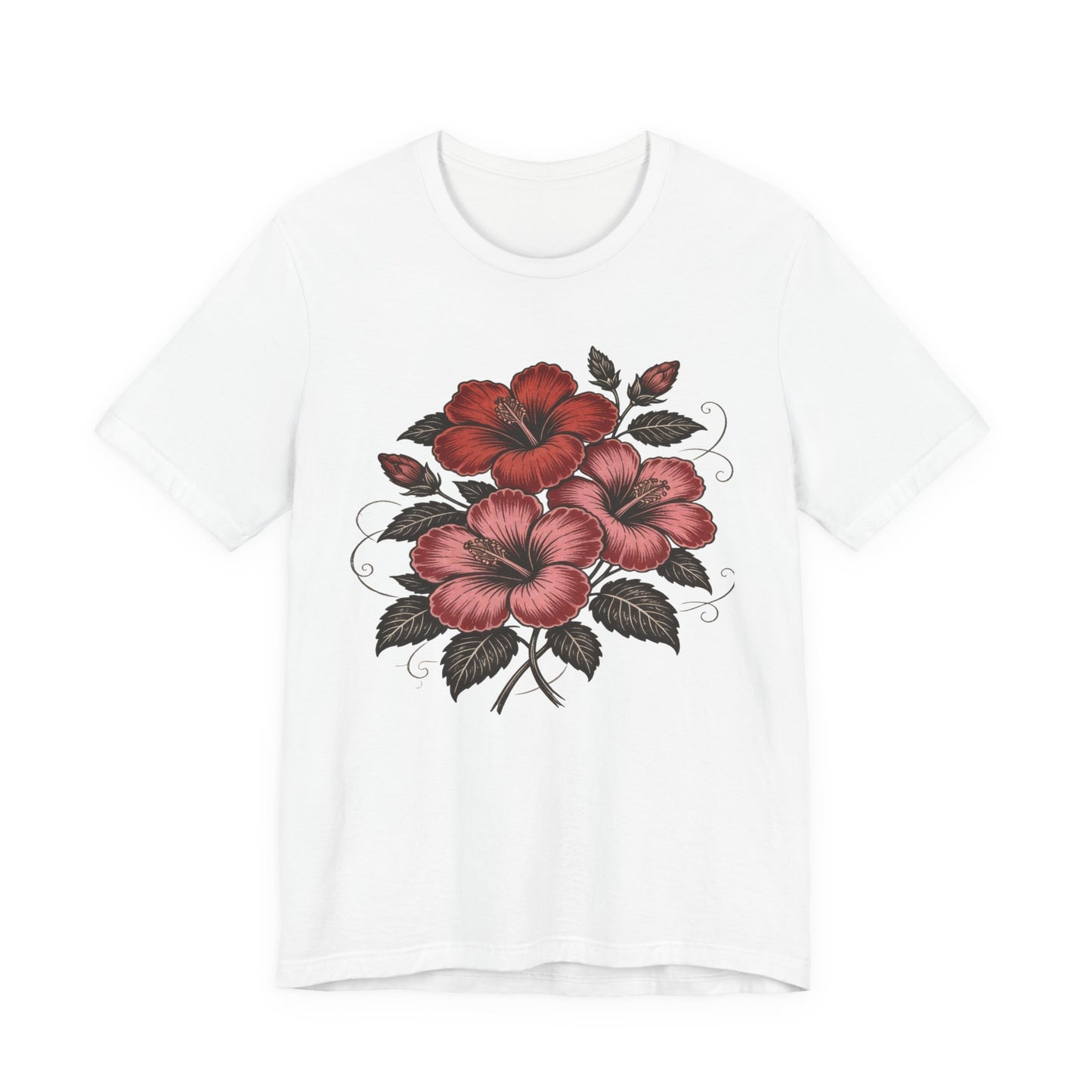 Vintage Red Hibiscus Botanical Tee – Retro Floral Illustration T-Shirt