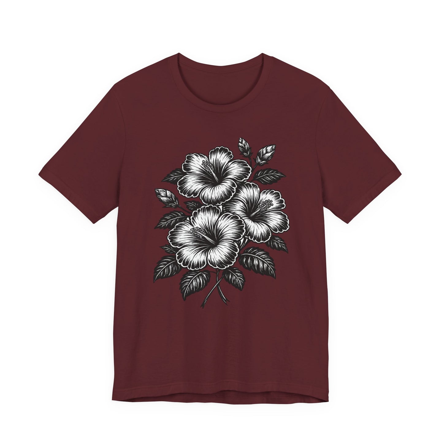 Floral Hibiscus Tee – Vintage Black and White Botanical Graphic T-Shirt