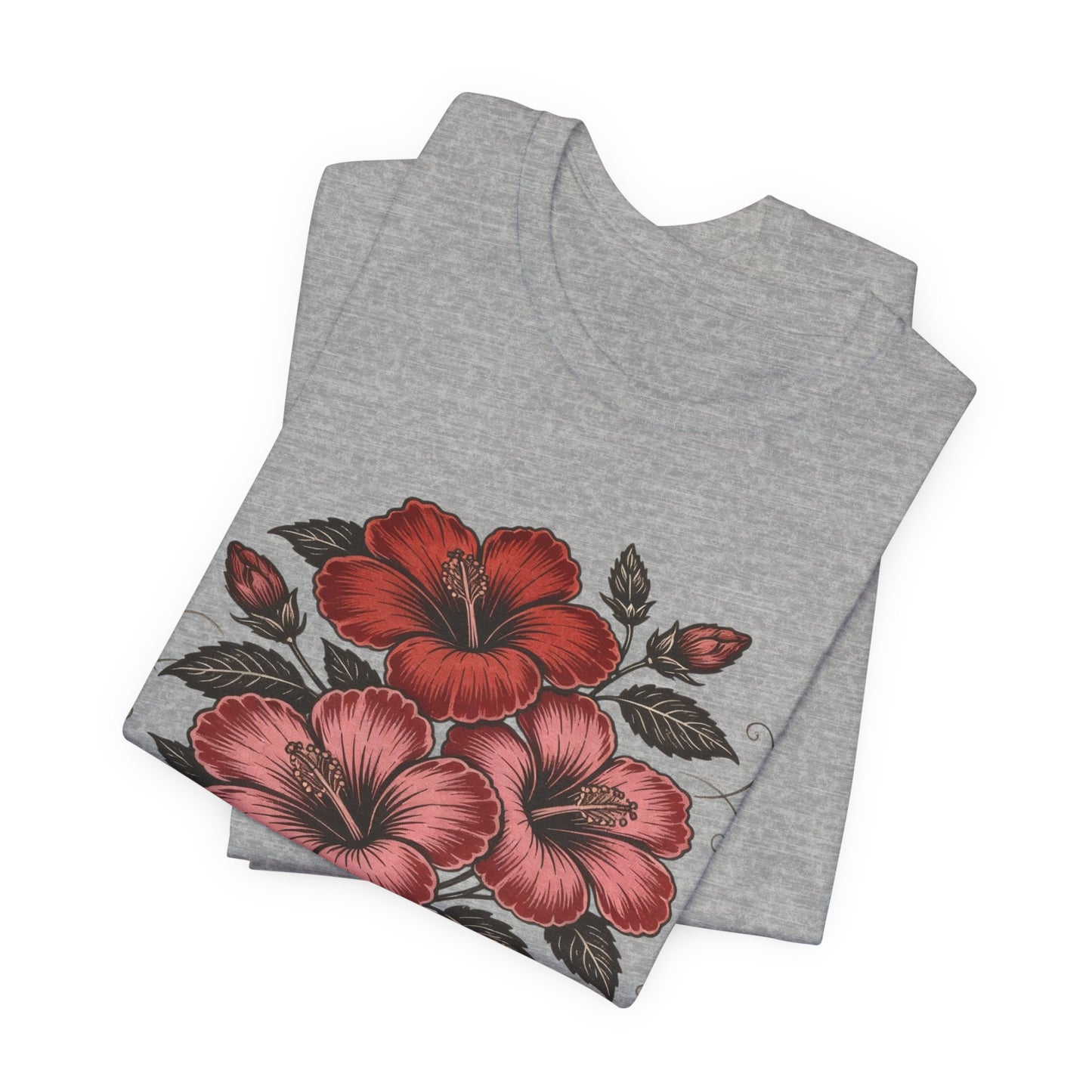 Vintage Red Hibiscus Botanical Tee – Retro Floral Illustration T-Shirt