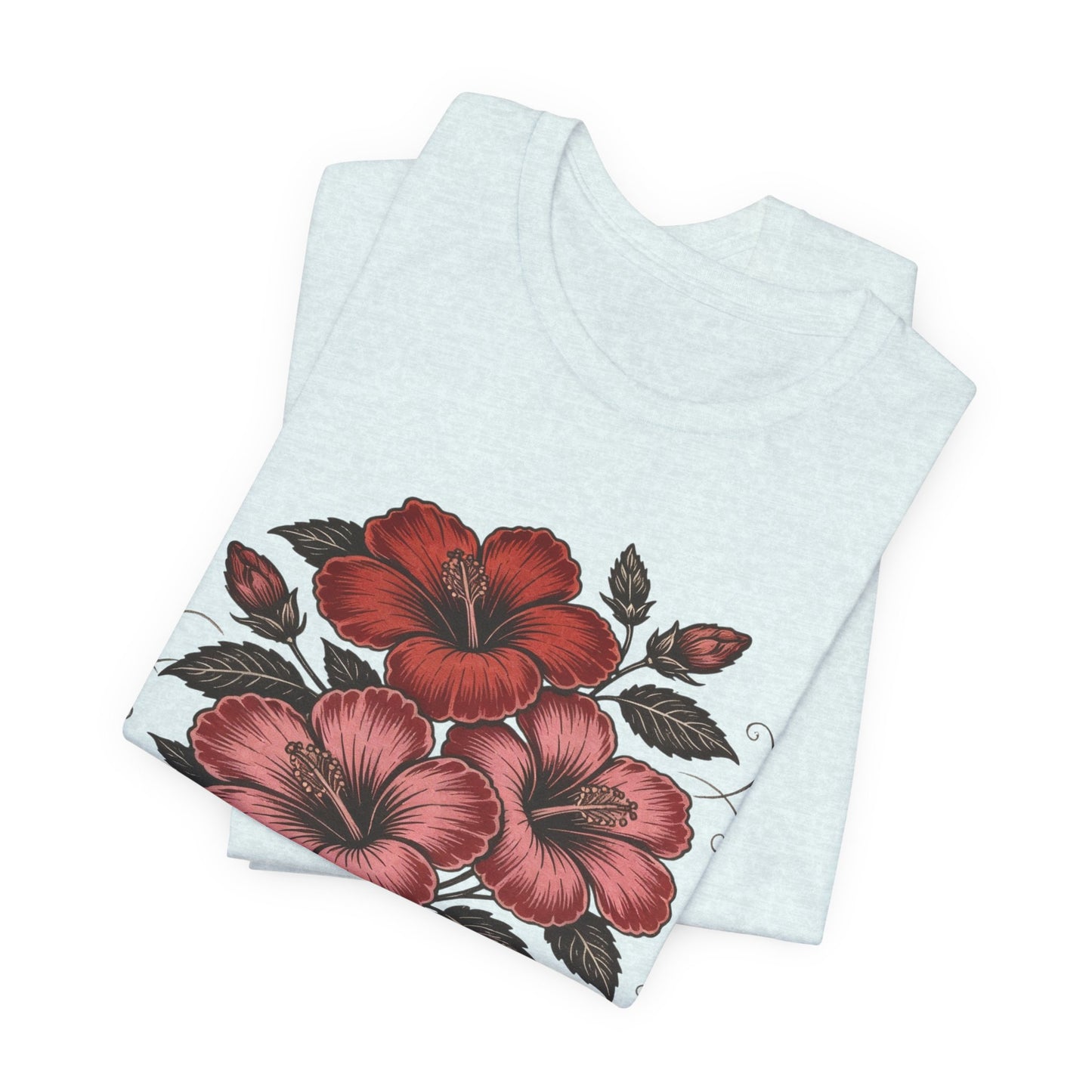 Vintage Red Hibiscus Botanical Tee – Retro Floral Illustration T-Shirt