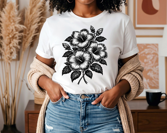 Floral Hibiscus Tee – Vintage Black and White Botanical Graphic T-Shirt
