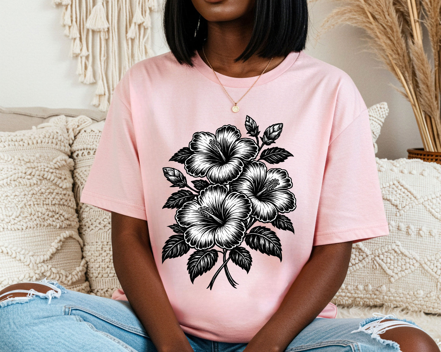 Floral Hibiscus Tee – Vintage Black and White Botanical Graphic T-Shirt
