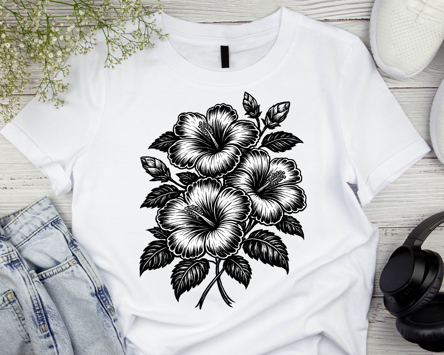Floral Hibiscus Tee – Vintage Black and White Botanical Graphic T-Shirt