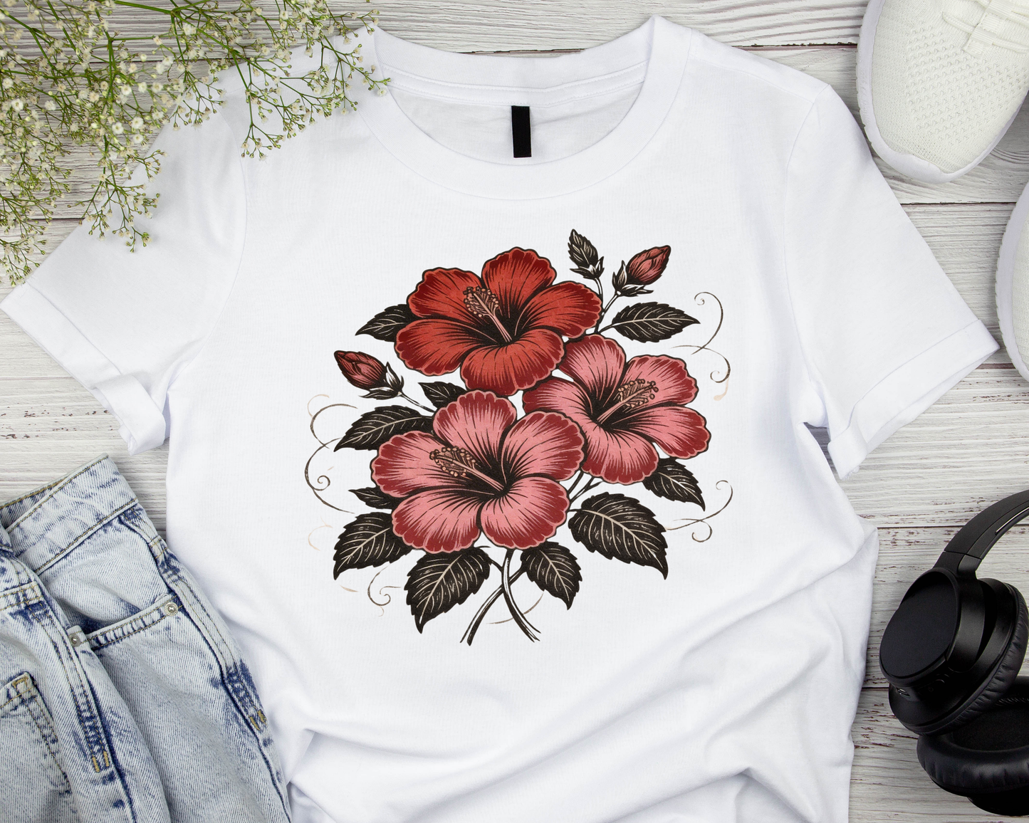 Vintage Red Hibiscus Botanical Tee – Retro Floral Illustration T-Shirt