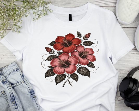 Vintage Red Hibiscus Botanical Tee – Retro Floral Illustration T-Shirt