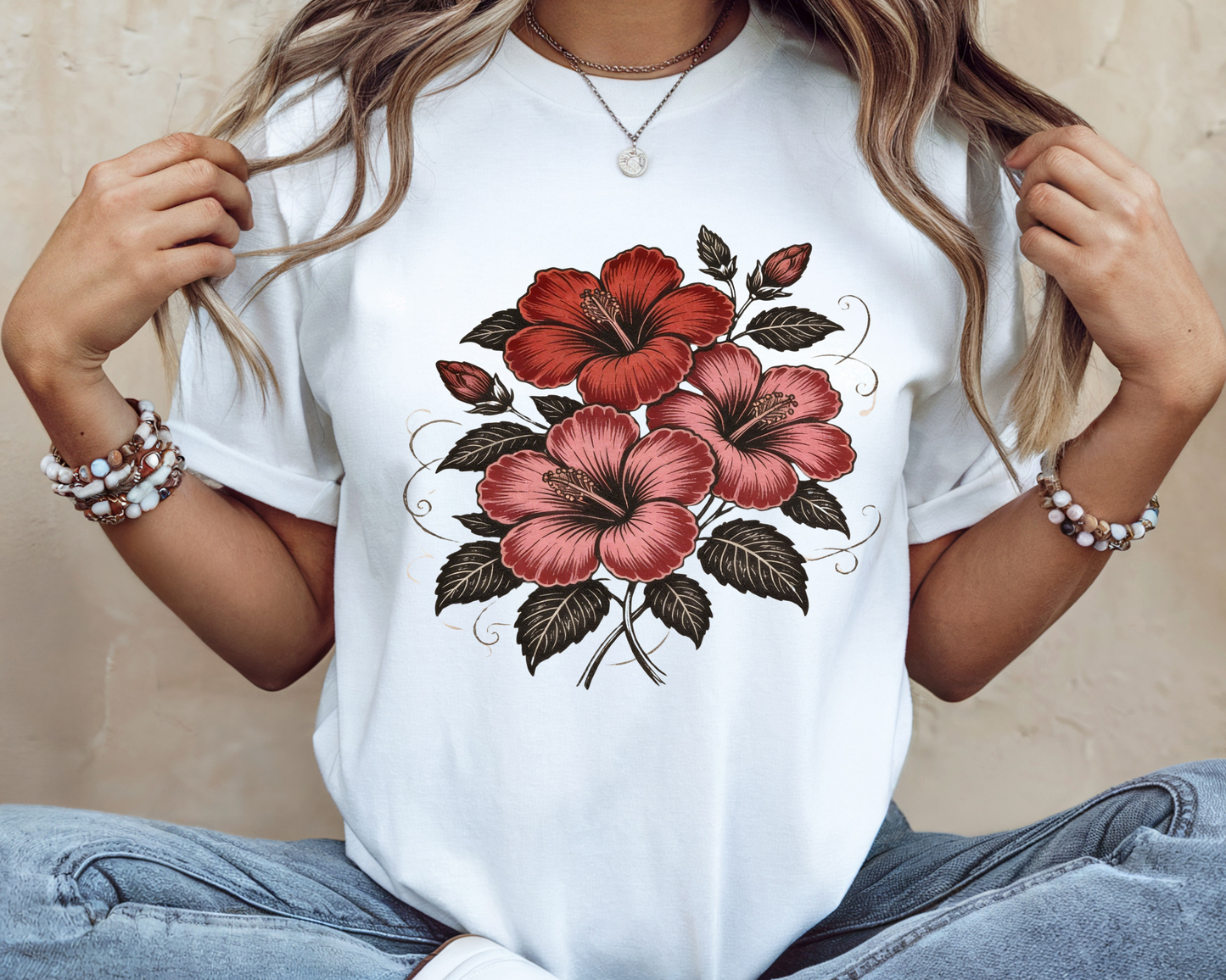 Vintage Red Hibiscus Botanical Tee – Retro Floral Illustration T-Shirt