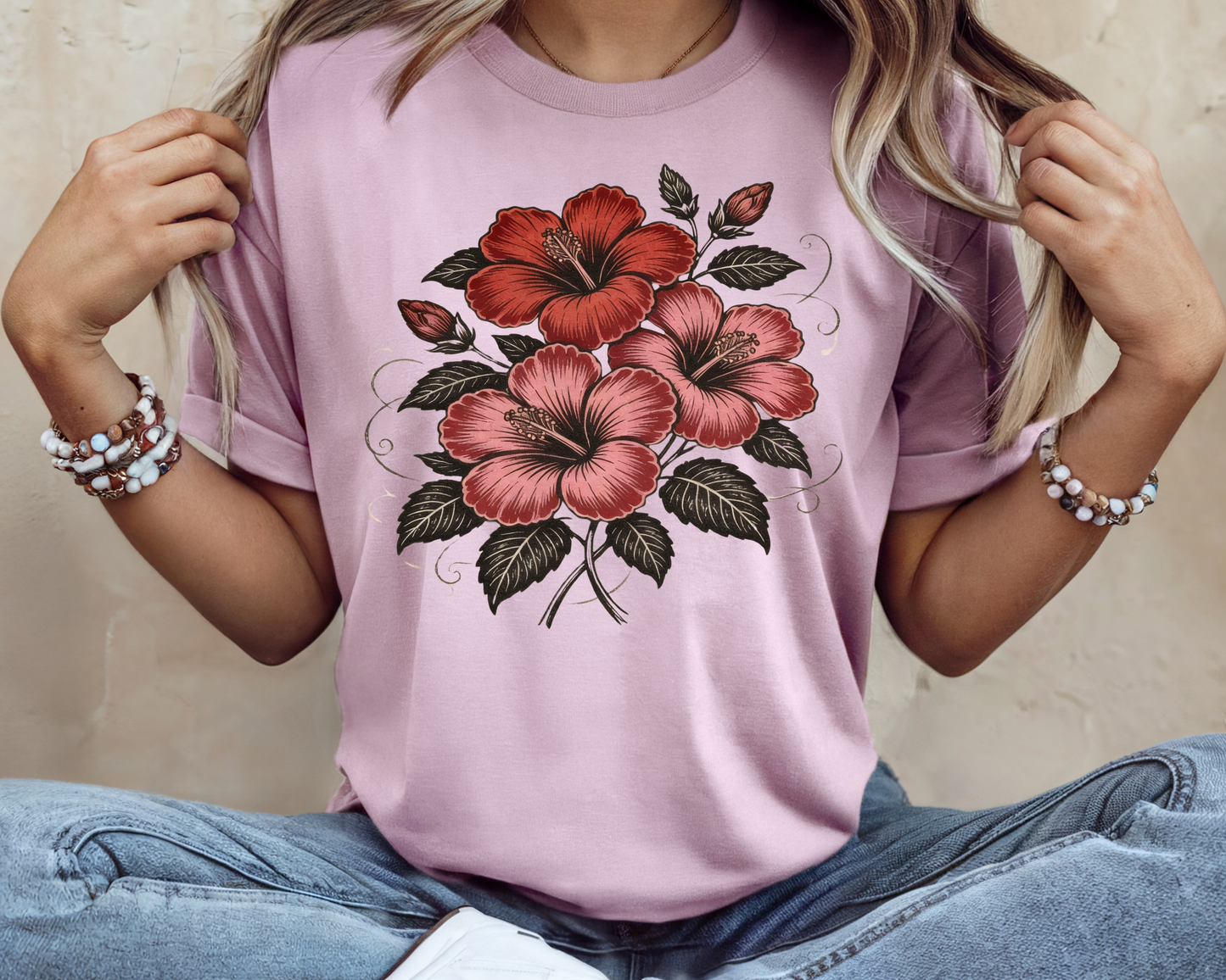 Vintage Red Hibiscus Botanical Tee – Retro Floral Illustration T-Shirt
