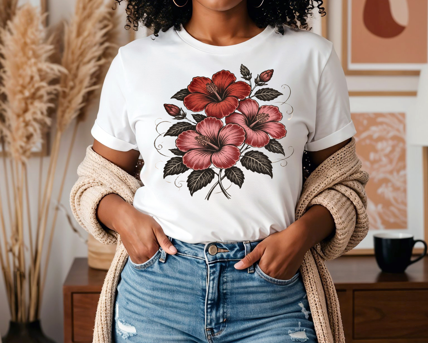Vintage Red Hibiscus Botanical Tee – Retro Floral Illustration T-Shirt